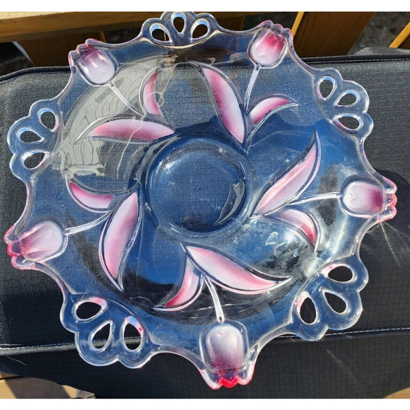 Large Glass Bowl Pink Tulips Scalloped Edges~Centerpiece ~Serving Bowl~Gift Idea - Picture 1 of 3
